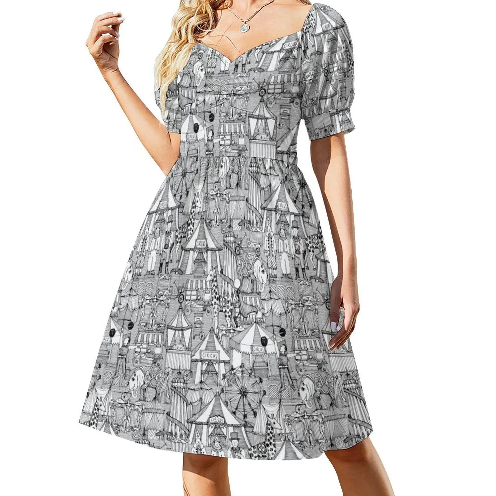 thumbnail image 1 of Vestido de manga corta blanco y negro de circo retro para mujer, vestido largo de verano, vestido de verano para mujer coreana, 1 of 7