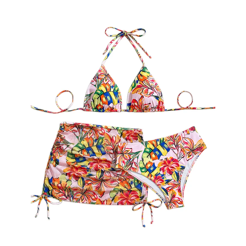 Floral Print Women's Swimwear Lace Up Halter Bikini Three Piece Cover Up Skirt Swimsuit Female Summer Swimming Beach Wear