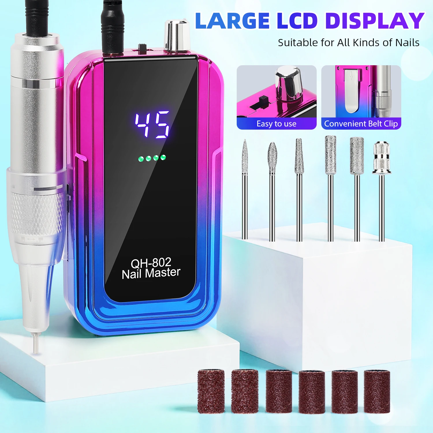 전문 45000RPM 전기 휴대용 네일 드릴 머신 매니큐어 살롱 도구에 대한 충전식 저소음 네일 샌더 파일