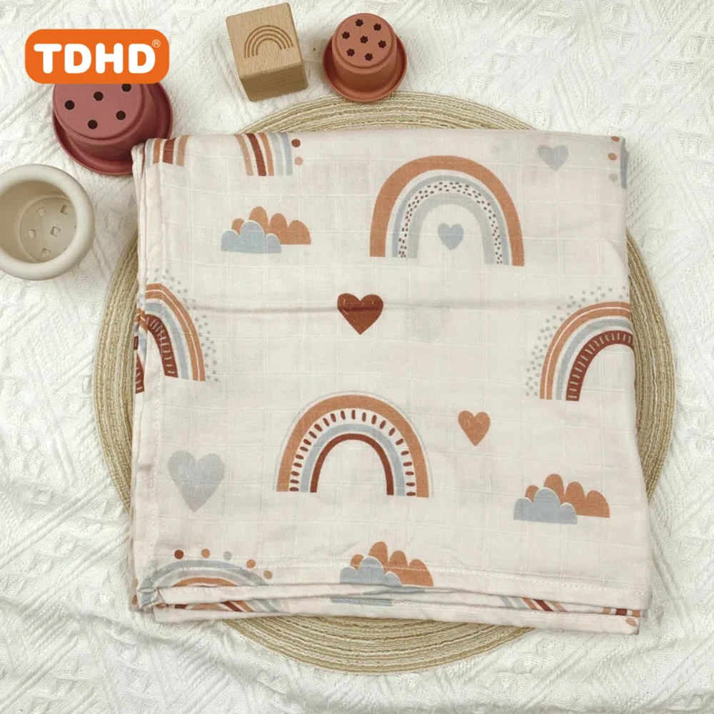 TDHD 120x110cm Bamboo Cotton Baby Muslin Swaddle Blanket Cute Soft Print Baby Towel Wrap