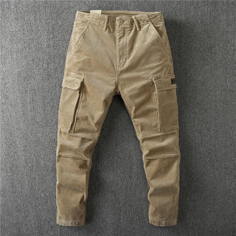 

Winter American Retro Heavyweight Corduroy Cargo Pants Men's Military Style Washed Muti-pocket Loose Casual Straight Trousers