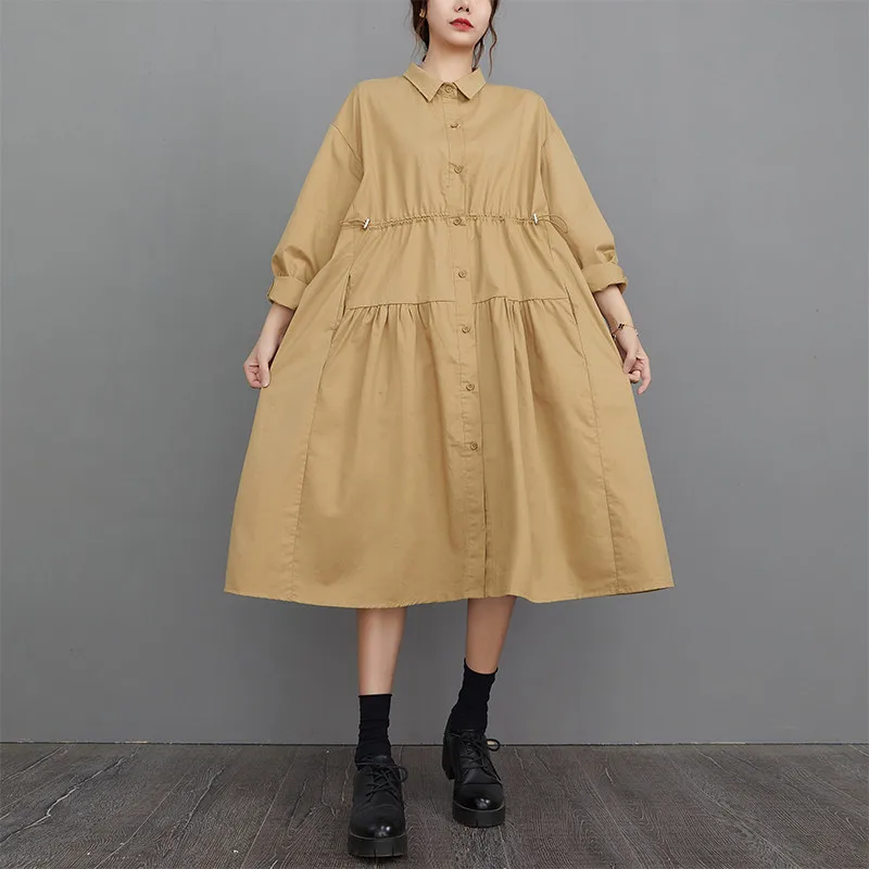 

Korea Japanese Style Single Breasted Shirring Chic GIrl's Loose Autumn Blouse Dress Fashion Women Spring Outwear Shirt Dress