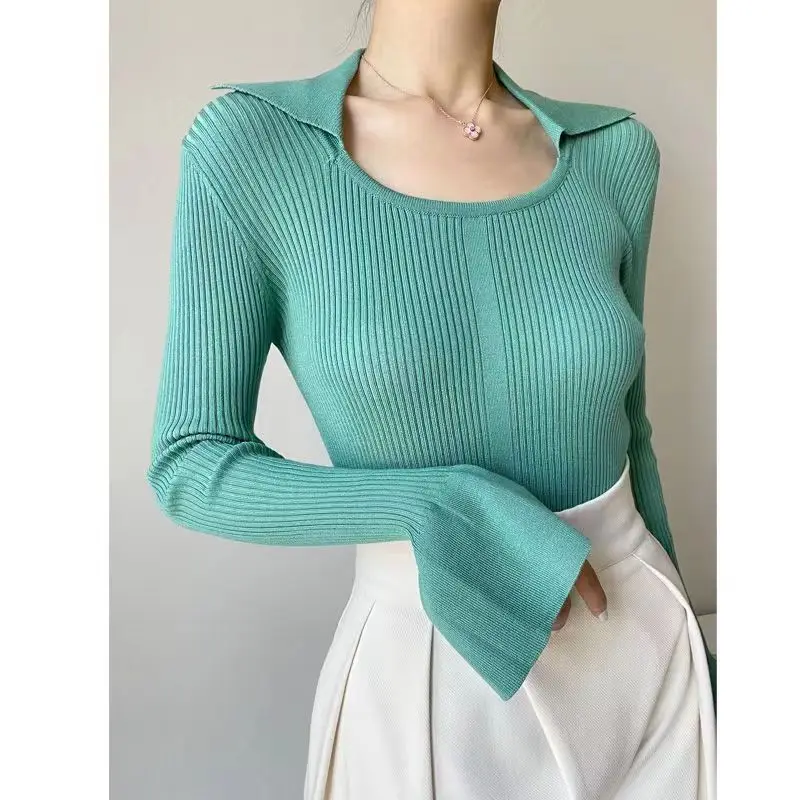 

High-end Knit Sweater Women Flare Sleeve Pullover Polo Neck Korean Chic Tops Slim Skinny Designer Clothing Office Ladies Coats