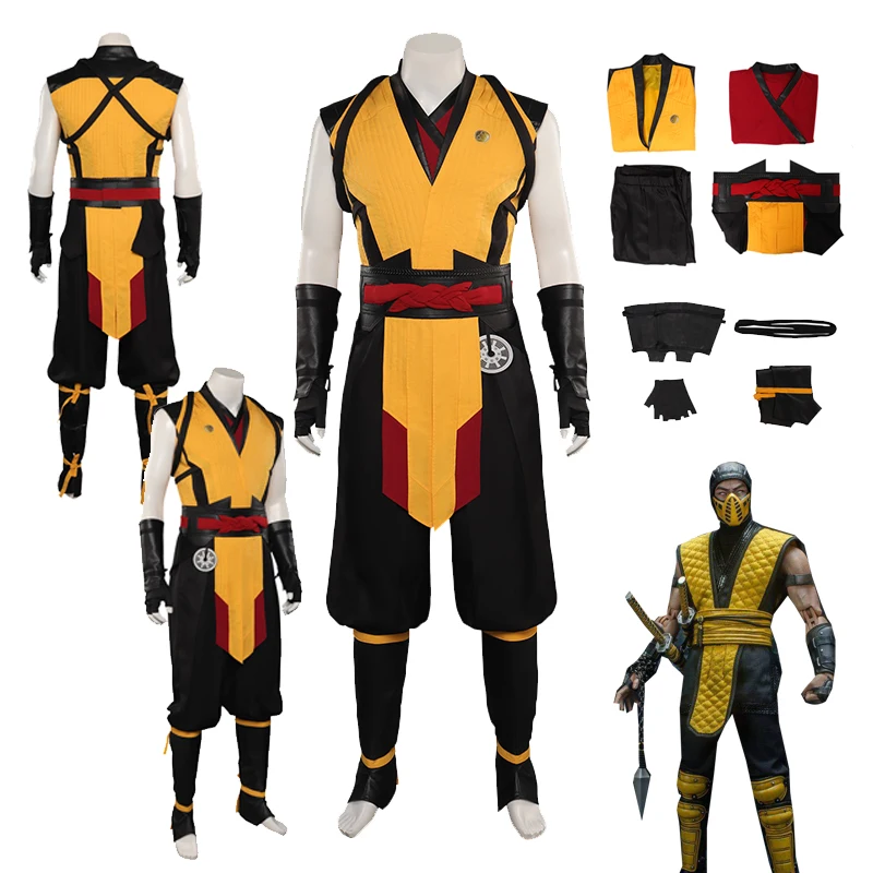 

Men Scorpion Cospaly Costume Outfits Game Mortal Cos Kombat Role Play Vest Pants Belt Set Male Halloween Carnival Disguise Suit