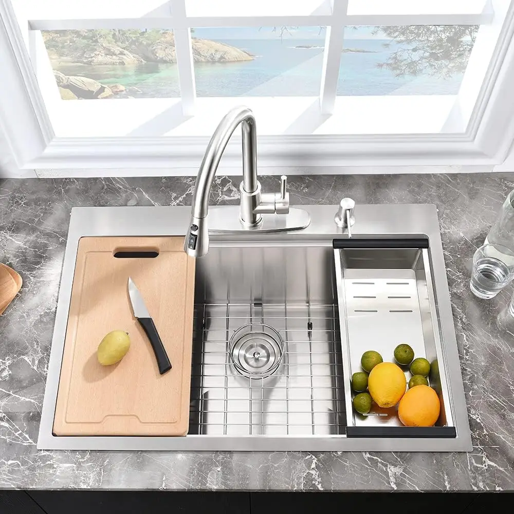USA 25 Inch Drop In Kitchen Sink Workstation 25x20x10 Stainless Steel Overmount Kitchen Sink 10 Inch Deep Sink w/Cutting Board 4