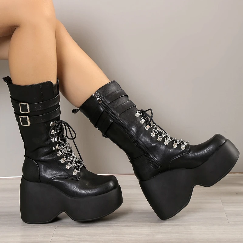

сапоги женские осенние кросовки на платформе Женские ботинки на платформе в стиле панк, ботинки на высоком каблуке, с круглым носком, с пряжкой, на шнуровке, с боковой молнией, обувь на толстой подошве, большие размеры