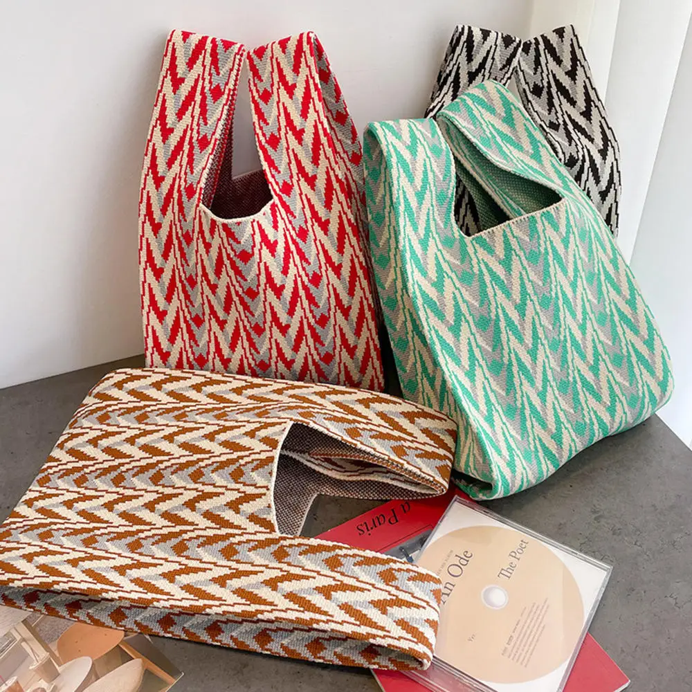 

Handmade Knit Handbag Women Mini Knot Wrist-bag Female Casual Color Wide Stripe Plaid Tote Bag Student Reusable Shopping Bag