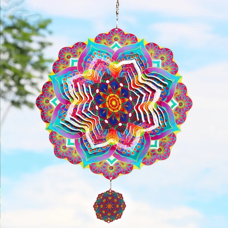 Wind Spinner Mandala Hanging Decor for Outdoor Yard and Garden Kinetic Sculpture Metal 3d Flower Chime Ramadan Patio Ornaments 6