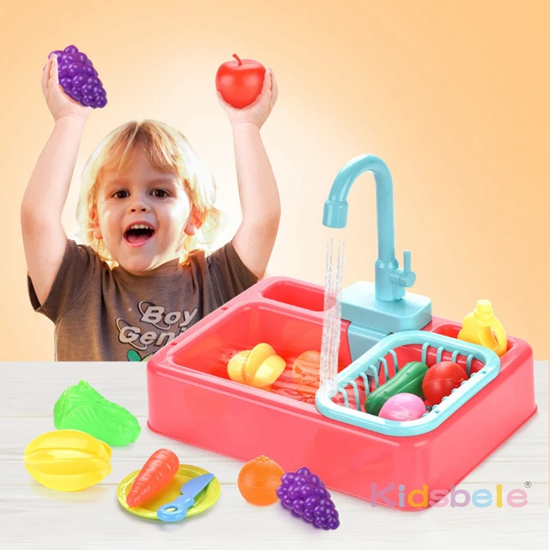 Pretend Play Kitchen Sink Toys with Vegetables and Fruits Electric Dishwasher with Automatic Running Water System