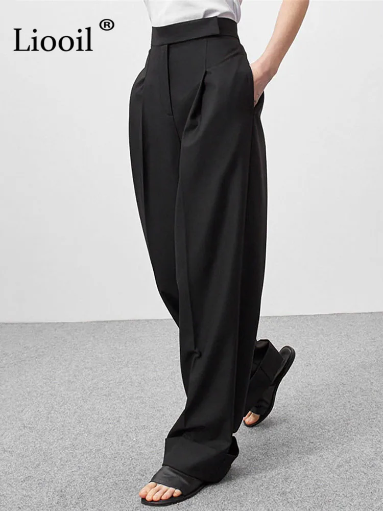 

Liooil Women Baggy Suit Pants Wide Leg High Waist New Spring 2023 Summer Black Slacks With Pockets Streetwear Casual Trousers