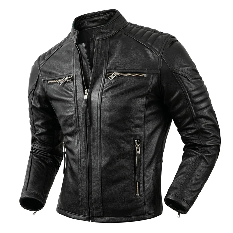 2023 New Spring Autumn Vintage Motorcycle Short Jackets Men Leather Jacket Genuine Cowhide Leather Coat Male Biker Clothing
