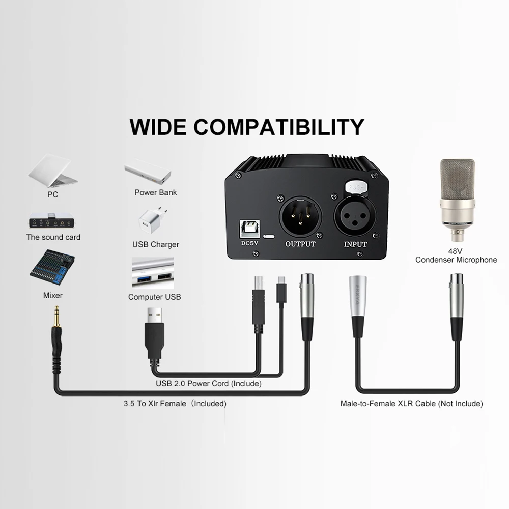 48V Phantom Power Adapter condenser microphone power adapter XLR Cable For Condenser Microphone Studio Recording Phantom Power For BM 800 Condenser Mic