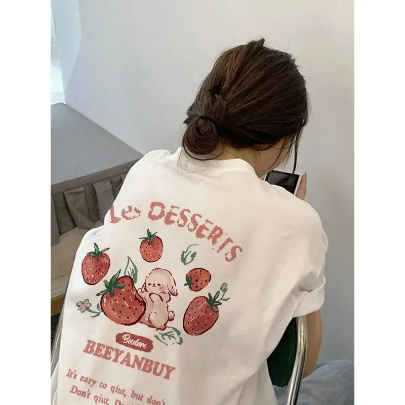 American Funny Cute Rabbit Strawberry Print T-Shirt Manica Corta Donna Estate Rilassata Casual Semplice Versatile Mezza Manica Top