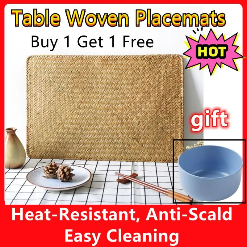 

Table Woven Placemats Round Natural Water Hyacinth Table Mats Handmade Heat Resistant Non-Slip Weave Cup Mats for Dinning