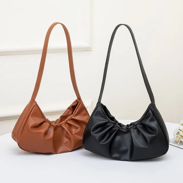 Minimalist elegant single-shoulder cloud bag, vintage stylish solid color handbag, solid color pleated bag