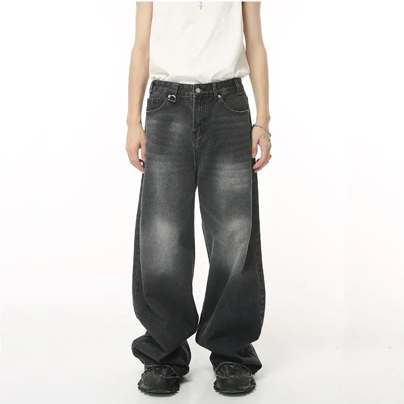 New Men's Loose Jeans Black and Gray Retro American Style Straight Wide-leg Floor-length Denim Long Pants Streetwear Male