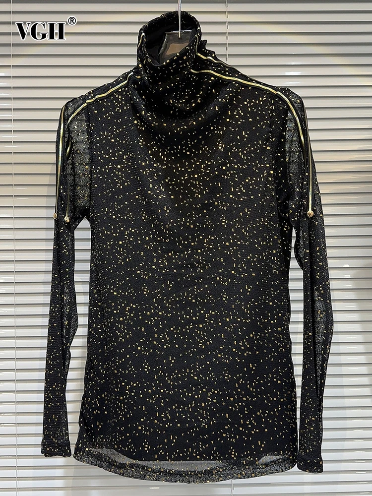 

VGH Patchwork Sheer Mesh Casual T Shirts For Women Turtleneck Long Sleeve Colorblock Pullover T Shirt Female Fashion Clothing