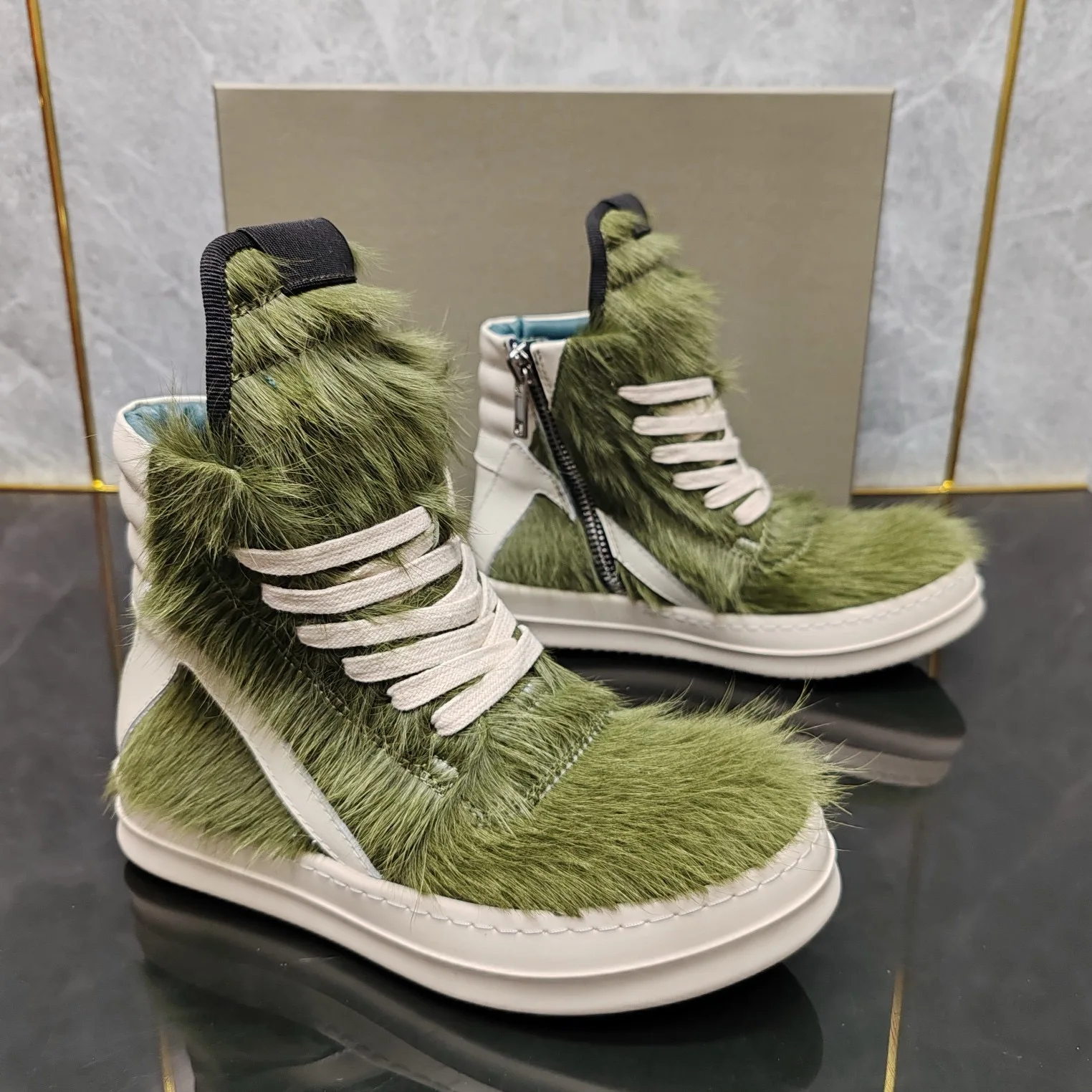 Ricks Pink Horse hair High Top Geobasket Owens Quality Men Shoe Zipper Women Sneaker Casual Owens Design boots & Shoes