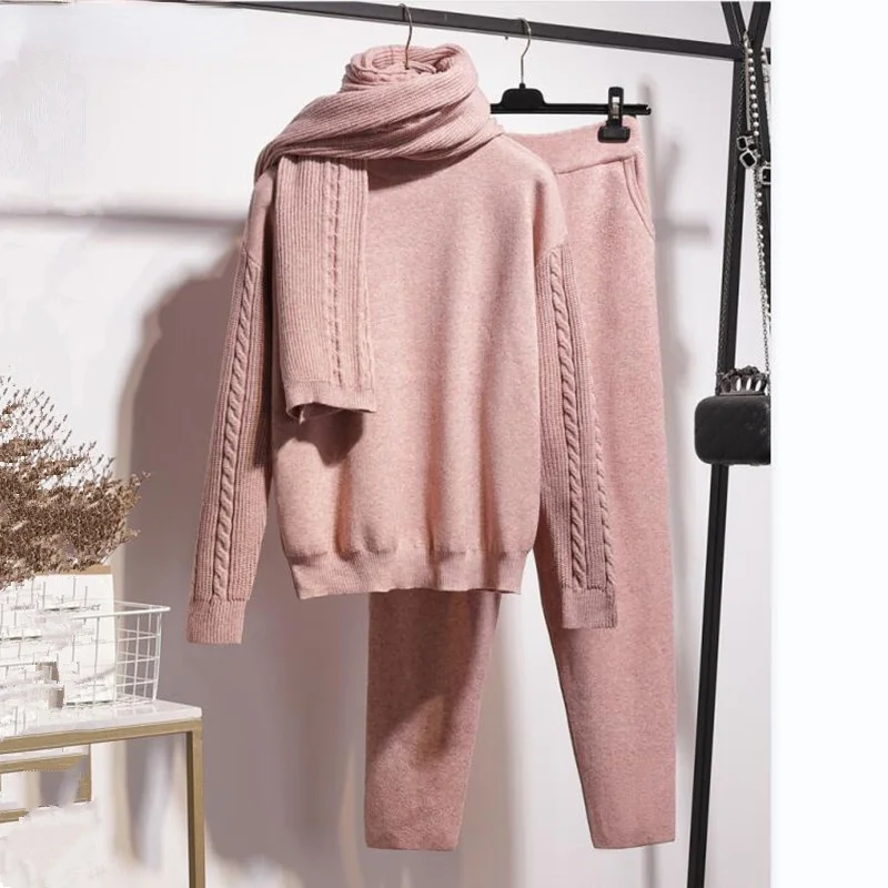 Autumn Winter Warm Knitted Women's Tracksuit Half High Collar Sweater Elastic Waist Pants Scarf Casual 3 Piece Set Women Outfit |