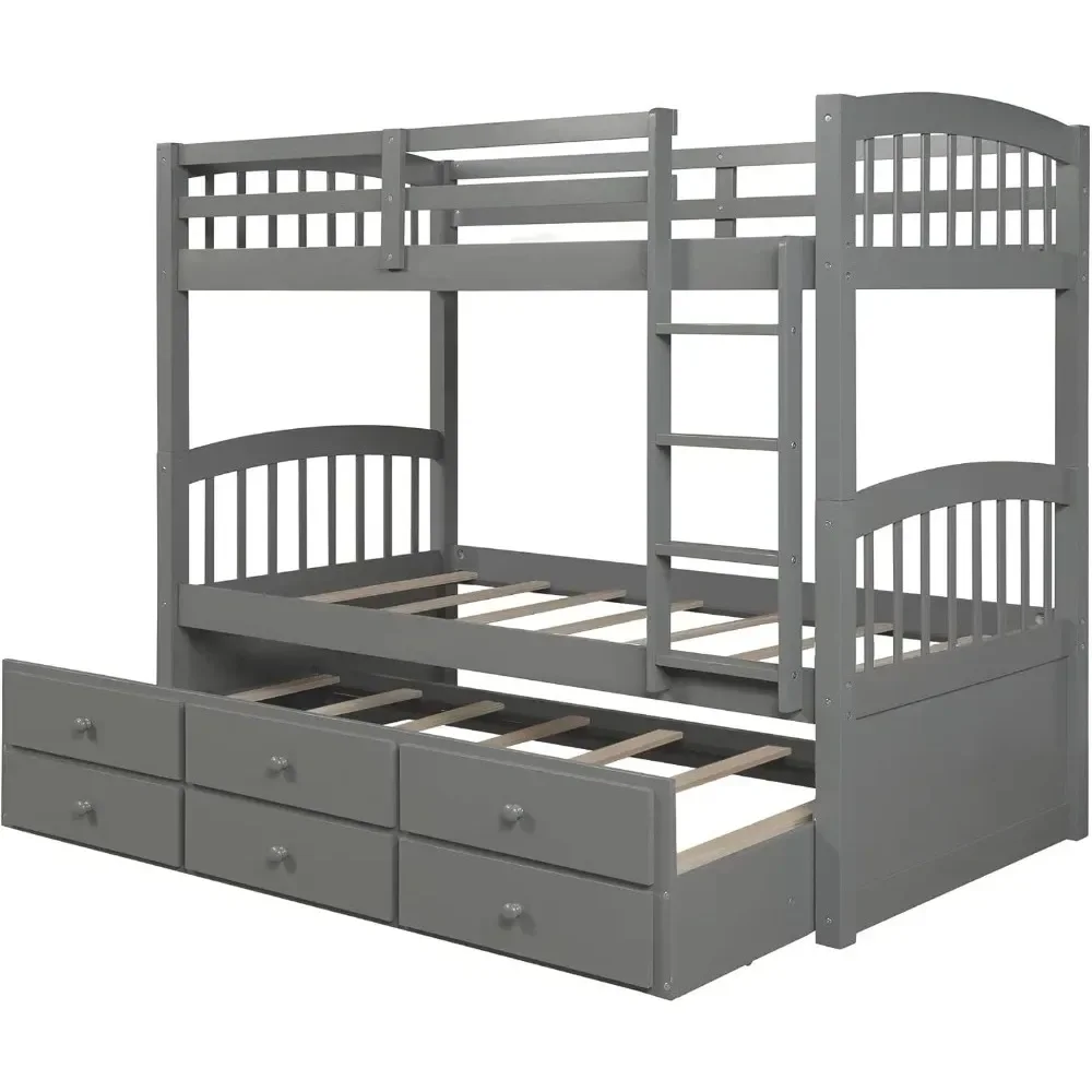 Wooden Bunk Bed Twin Over Twin Size with Trundle and 3 Storage Drawers, Detachable Bunkbeds Frame for Kids Teens Adults Bedroom 6
