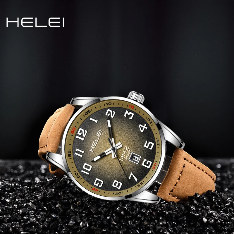 HELEI 2024 Top Brand Men's Military Sport Watch Men Leather Vintage Classic Dial Quartz Wristwatch Calendar Male Clock Relogio