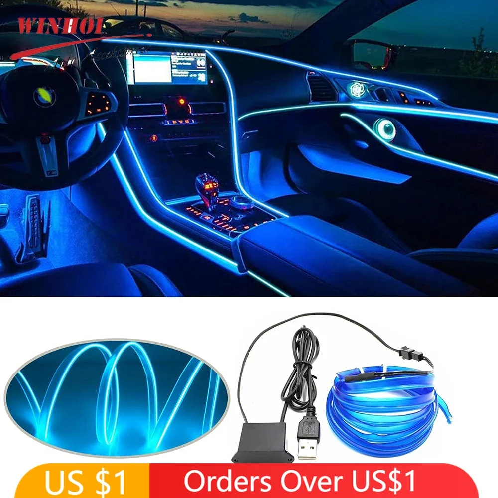 

EL Wire for Car Interior Strip Lights with USB 1m/2m/3m/5m Flexible LED Neon Atmosphere Ambient Rope Tape Light for Car Door