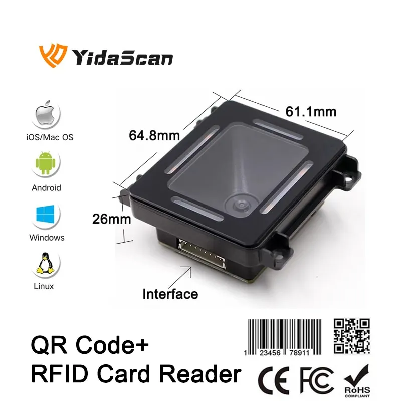 FM700B QR Code RFID Card Reader NFC 1D 2D QR Code Reader Access Control Barcode Scanner USB RS232 Wiegand for Kiosk Turnstile