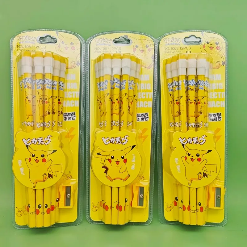 12pcs/box Pokemon Pencil Set with Eraser Pencil Sharpener Anime Figure School Supplies Office Stationery Tools Kawaii Gifts Toys