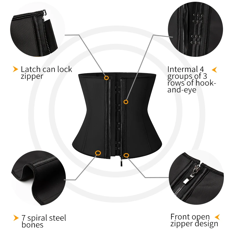 Women Latex Waist Trainer Body Shaper Women Corsets Zipper&Hooks  Shaper Cincher Corset Top Slimming Belt Black Plus Size