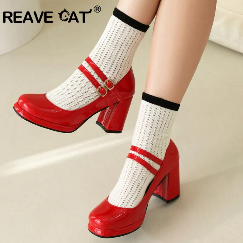 

REAVE CAT 2024 New Sweet Women Pumps Shoes Platform Round Toe 8cm Thick Square Heel Patent Leather Buckles Big Size 41 42 43 44