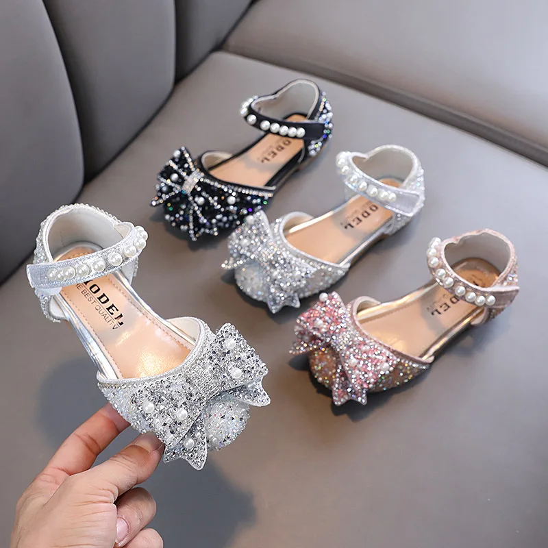 Kids Shoes Baby Shoes Sweet Girl Princess Shoes Fashion Rhinestone Pearl Bow Baby Shoes Kids Party Children's Dance Little Girls Leather New G83