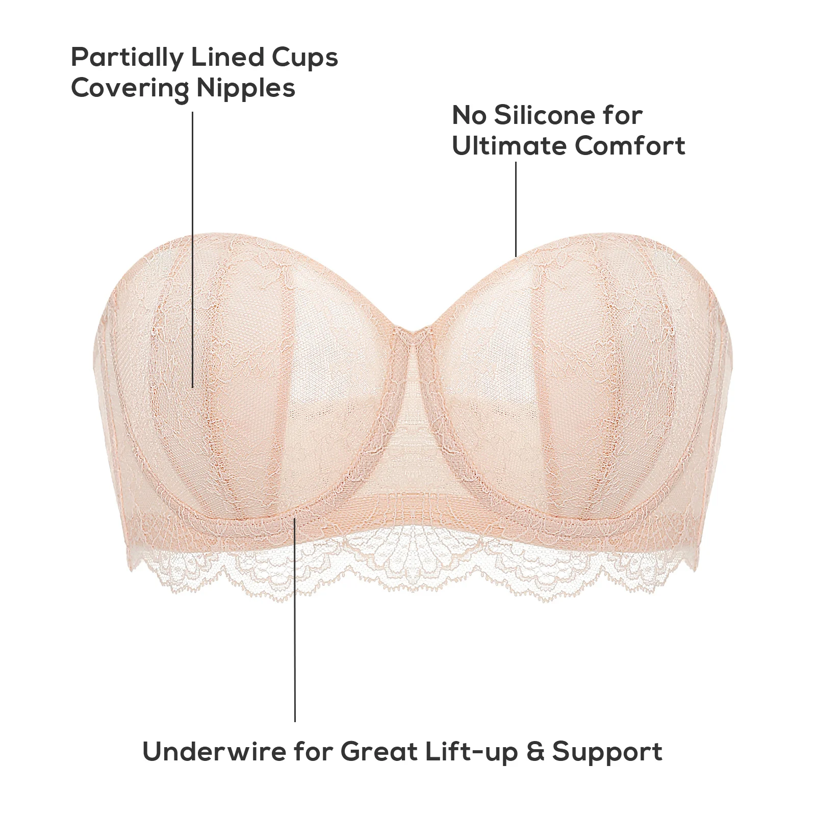 DOBREVA Women's Push Up Strapless Bra T-shirt Lace Underwire Add-2-Cup  Bandeau Bras Black Nude Beige