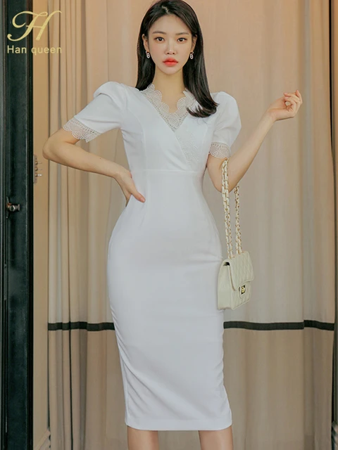 H Han Queen-Vestidos de verano con cuello en V para mujer, vestido de fiesta informal de oficina, blanco, elegante y sencillo -