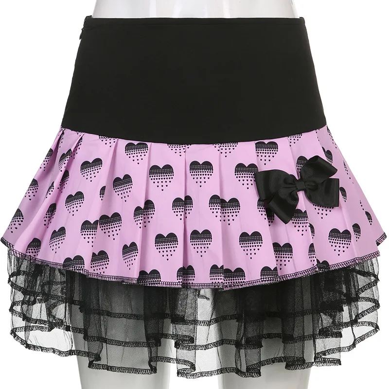 

Sexy Lace Heart Print Bow High Waist Pleated Skirt