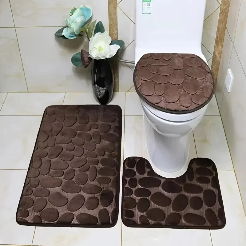 1 Set Bathroom Mat Solid Color Simple Water-absorbing Non-slip Stone Pattern Three-piece Set