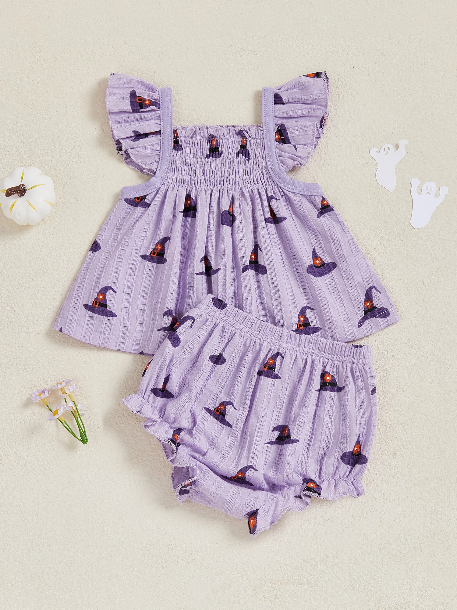 Description Picture 5 of itemCitgeett Summer Halloween Infant Baby Girl Clothes Set Hat Print Flying Sleeve Tops Ruffled Shorts Outfit Clothes