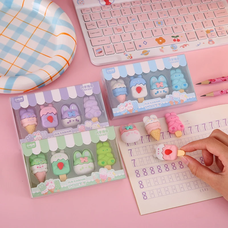 귀여운 아이스크림 상자 지우개 세트, 어린이 탈착식 퍼즐 지우개, 학생 학교 그림 문구 용품, 상자당 4 개