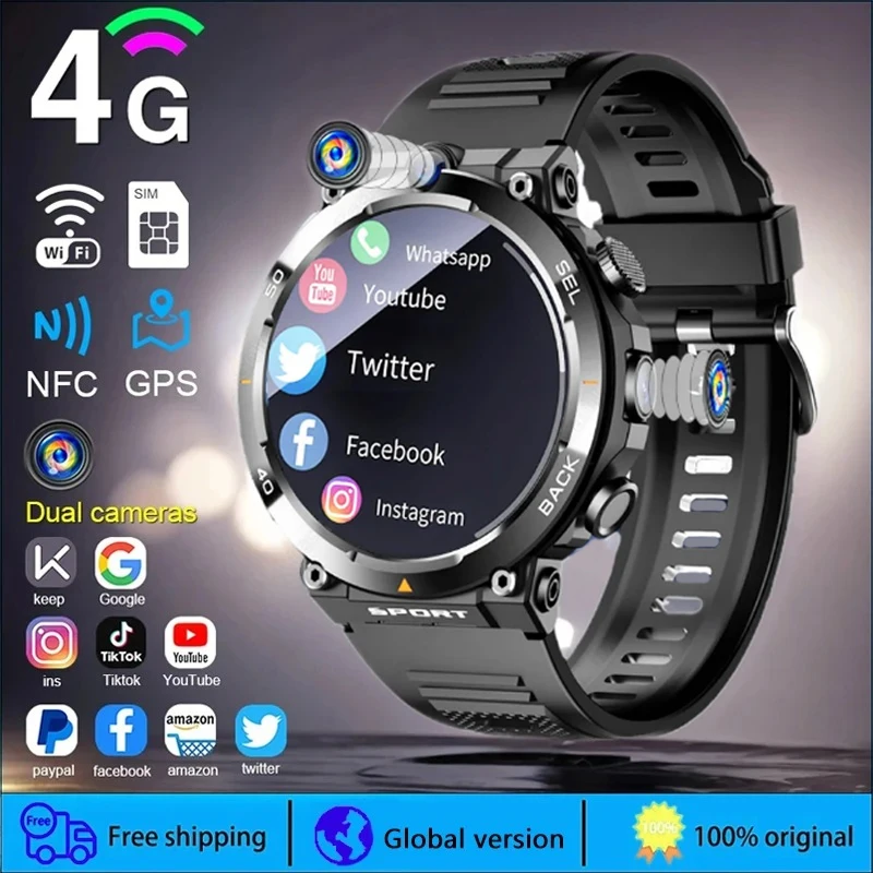 

Умные часы 4G LTE для мужчин GPS HD с двойной камерой SIM звонки NFC Оплата пульса мониторинг лица разблокировка движения водонепроницаемые часы