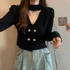 Cropped Cardigan Women Formal V-neck Puff Sleeve Temperament Halter Autumn Winter Popular Chic French Style Elegant Advanced 6