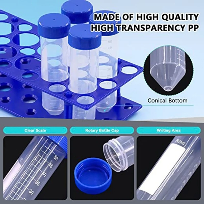 25Pcs Plastic Centrifuge Tubes with Screw Caps and Tubes Rack, 50ml Graduated Centrifuge Sample Storage Container
