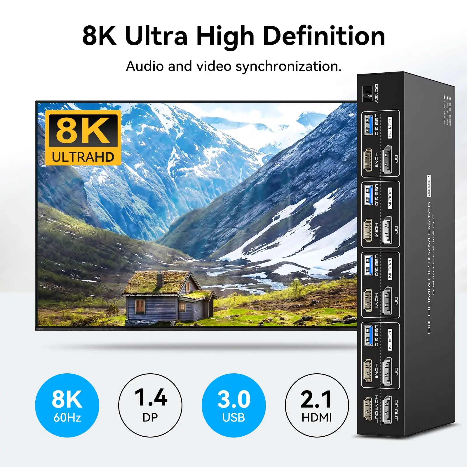 ÷ Ʈ HDMI KVM ġ, 4 ǻ,  2 , 8K @ 60Hz KVM ġ,  , 4 PC ,  2 , 4 USB 3.0 ġ