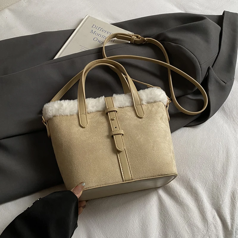 Winter Plüsch Tasche frauen Retro Kleine Handtaschen Kupplung Tasche Neue Faux Wildleder Passenden Lamm Wolle Eimer Schulter Umhängetaschen – Detail 8
