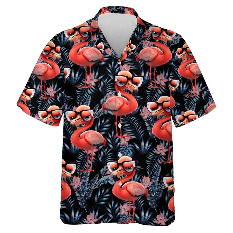 

Hip Hop Hawaiian Flamingo 3D Printed Beach Shirts Aloha Animal Short Sleeve Vacation Women Lapel Blouse Fashion Button Y2k Tops