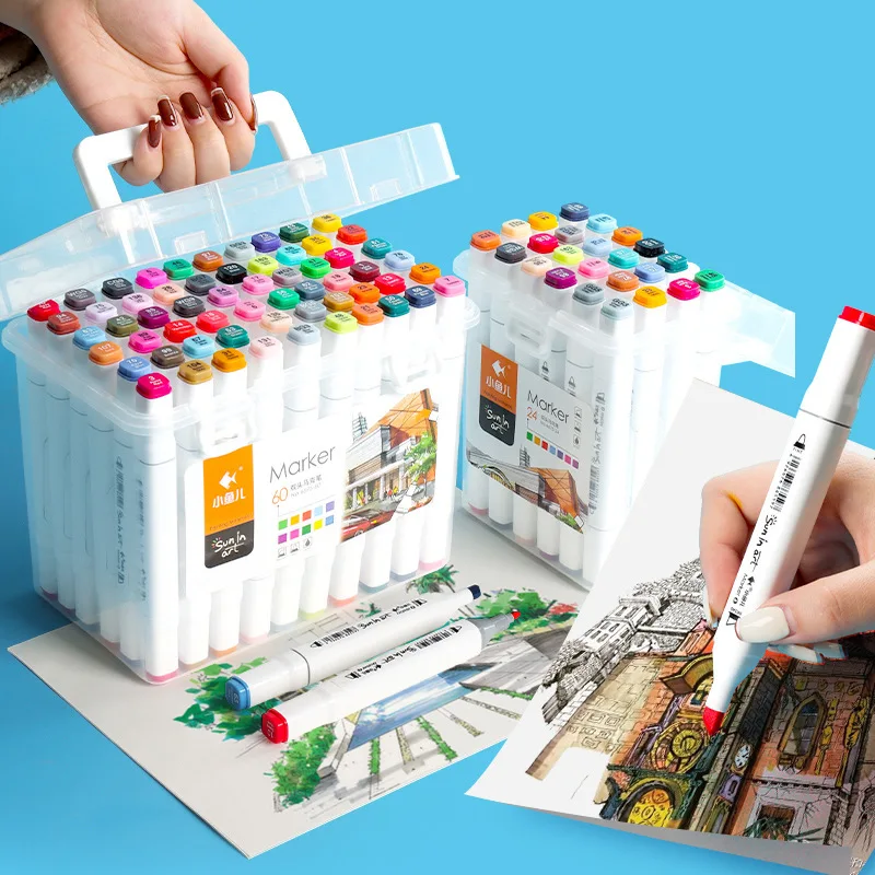 12/18/24/36/48/60color Art Marker Double-Headed 1&6mm Nib Painting Graffiti Pen Convenient Storage Portable Gift Box Packaging portable children watercolor painting book gouache graffiti picture coloring books water drawing set kids gifts