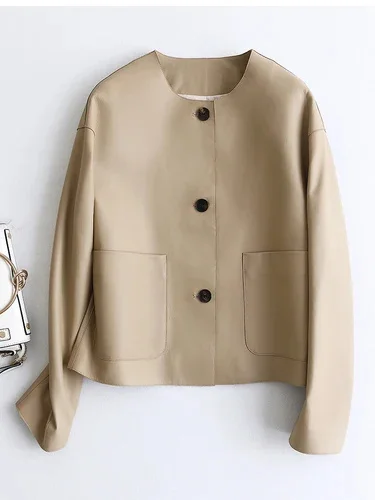 thumbnail image 1 of Chaqueta elegante de piel auténtica con cuello redondo para mujer, tendencia primavera otoño 2024, abrigo de piel de oveja corto informal sencillo de alta gama, 1 of 5