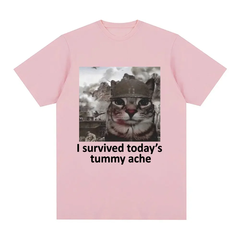 thumbnail image 1 of Sobreviví al dolor de estómago de hoy, camiseta divertida con meme de gato, camiseta de manga corta para hombres y mujeres, camisetas casuales de algodón de gran tamaño, ropa de calle, 1 of 5