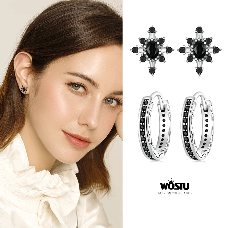 WOSTU 925 Sterling Silver Classical Round Balck Cz Hoop Earrings For Women Wedding Dangle Drop Earring Clips Party Jewelry Gift