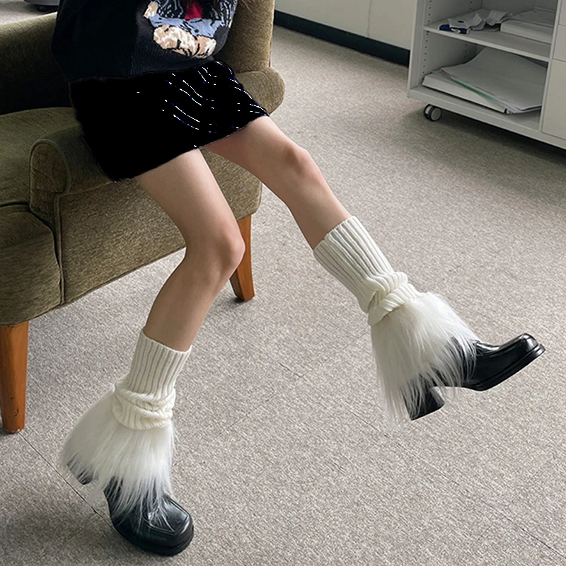

Women Flared Knit Leg Warmers Long Socks Knee High Solid Color Plush Patchwork Leg Covers Y2K Autumn Fur Trim