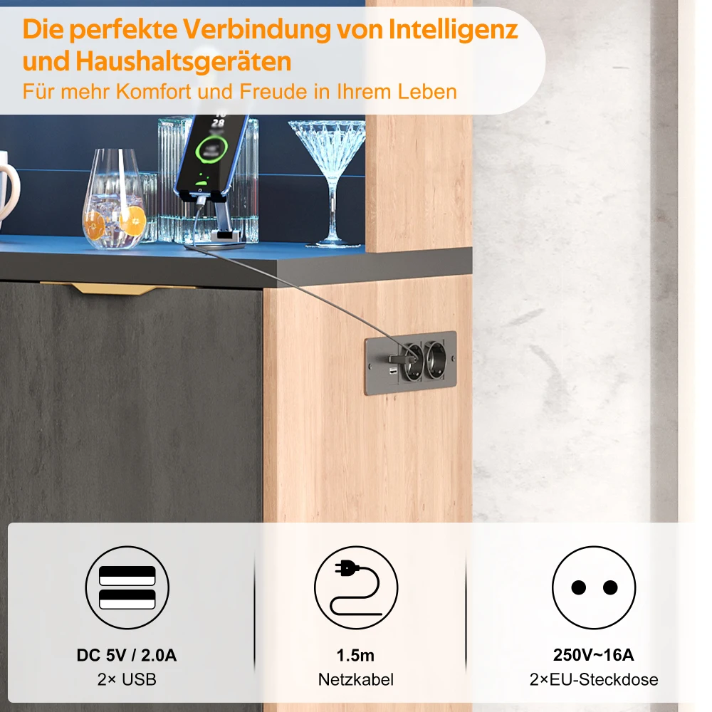 Stilvoller Küchenschrank, Schwarze Arbeitsplatte, Sideboard mit Verstellbarer LED-Beleuchtung und Steckdose, für Küchen, Esszimmer, Wohnzimmer – Detail 10