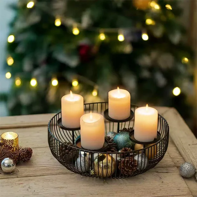 4-Candle Black Metal Bowl Candle Holder Decorative Candlestick Centerpiece for Pillar/Tealight Candles for Winter Holiday Decor